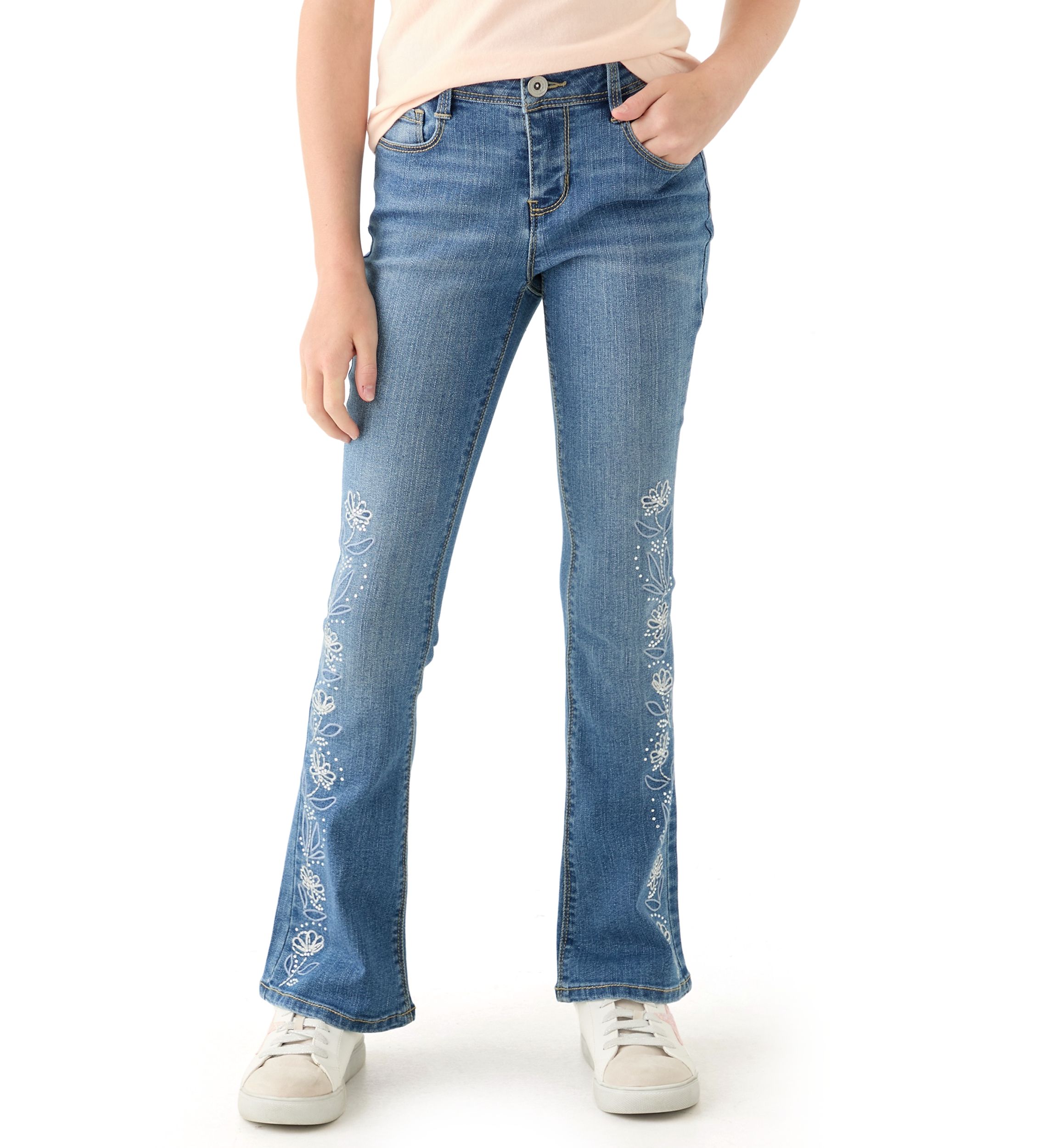 Girls 7-16 Rhinestone Floral Embroidered Flare Jeans