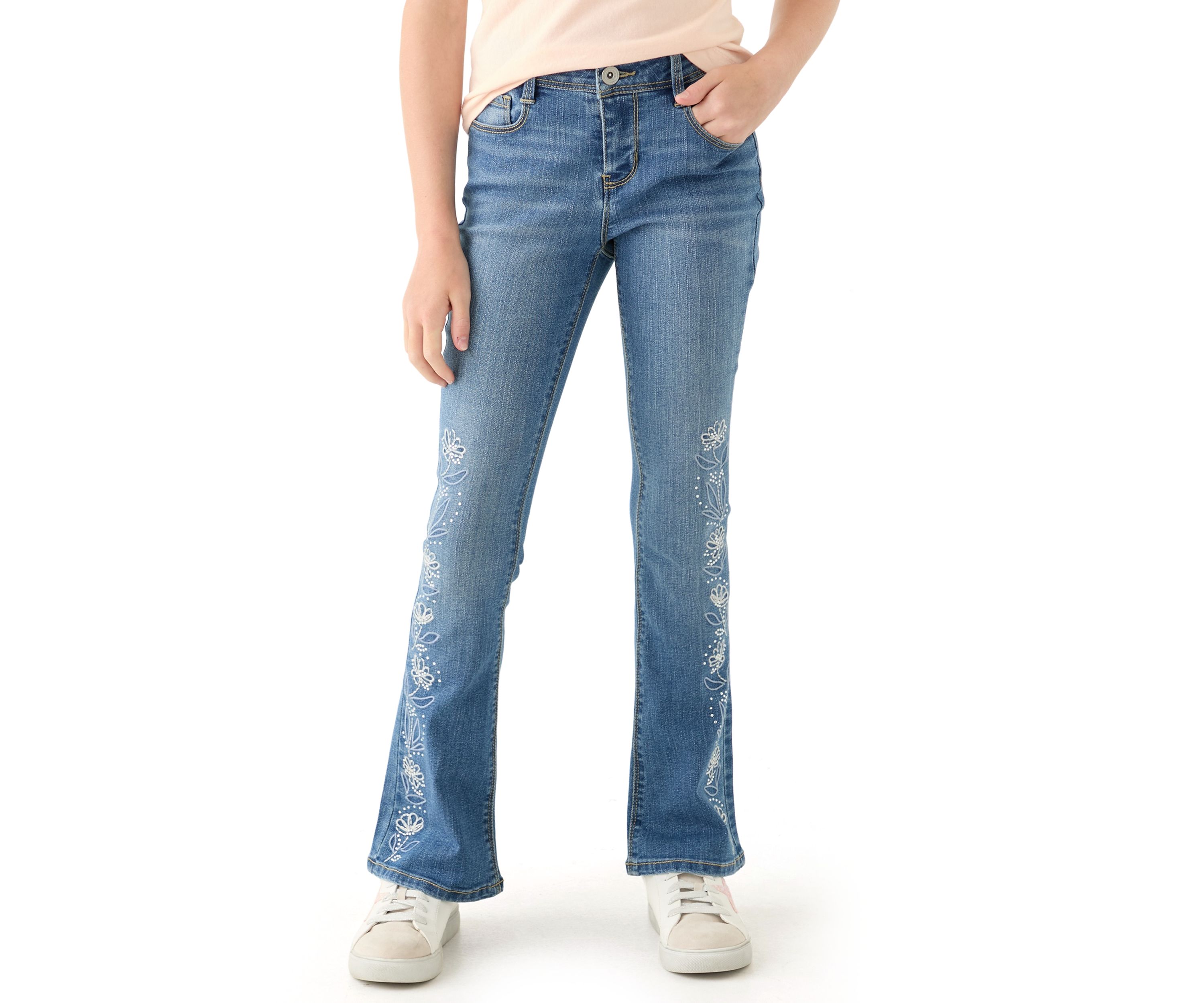 Girls 7-16 Rhinestone Floral Embroidered Flare Jeans