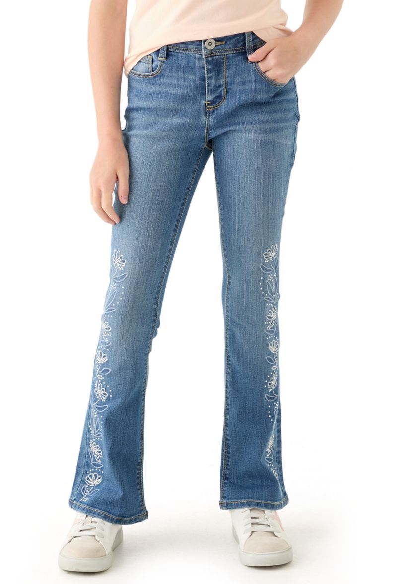 Girls 7-16 Rhinestone Floral Embroidered Flare Jeans