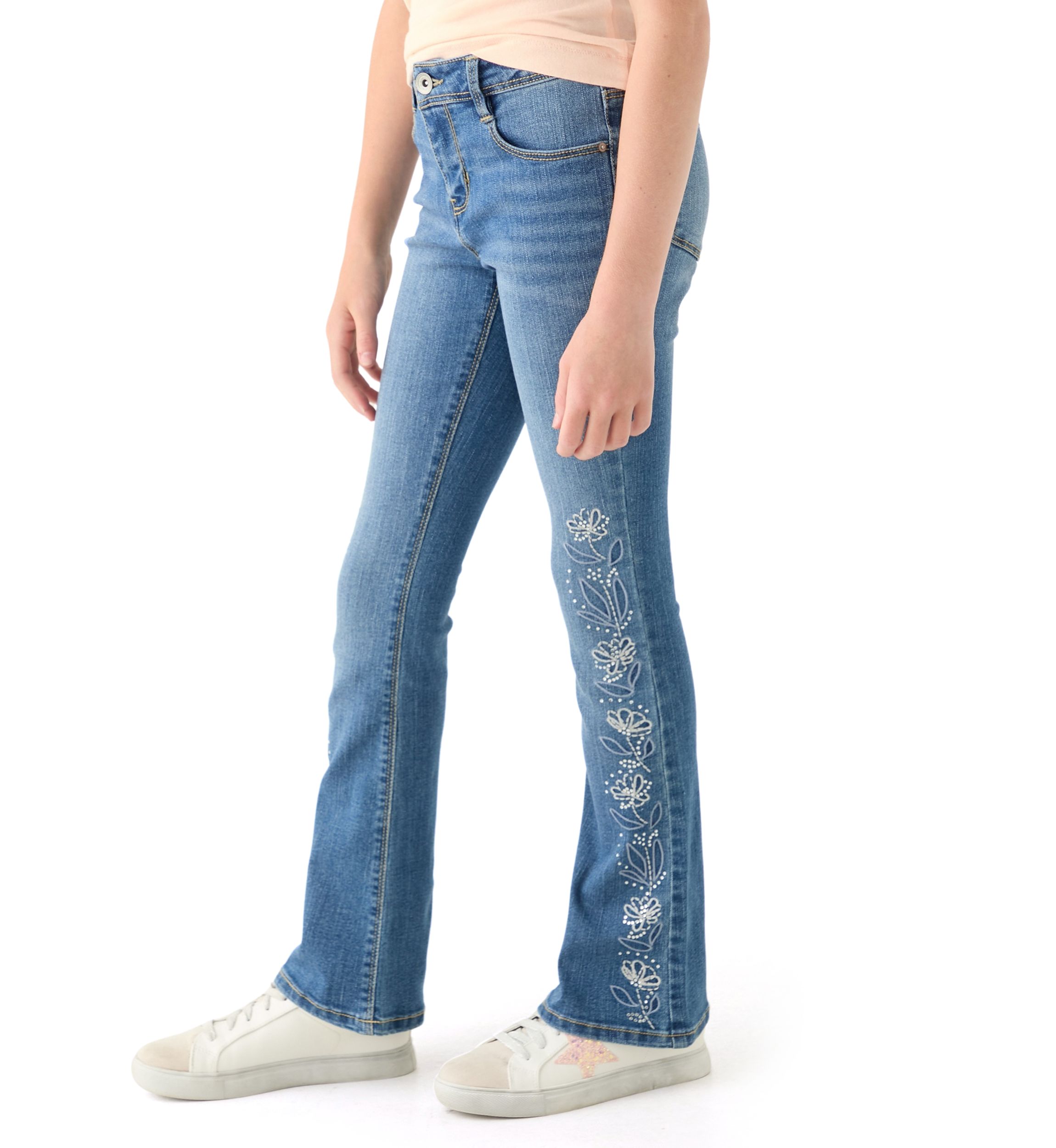 Girls 7-16 Rhinestone Floral Embroidered Flare Jeans