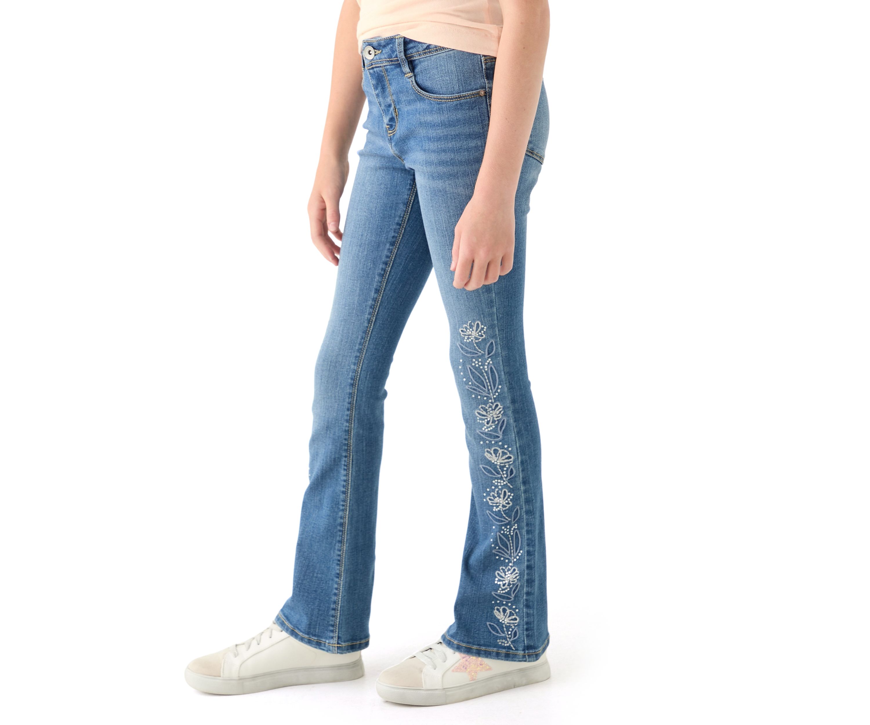 Girls 7-16 Rhinestone Floral Embroidered Flare Jeans