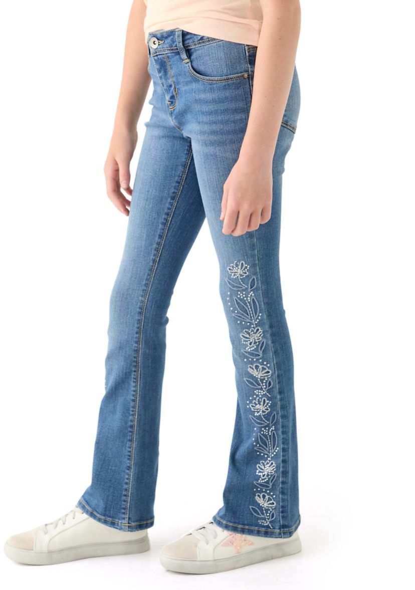 Girls 7-16 Rhinestone Floral Embroidered Flare Jeans