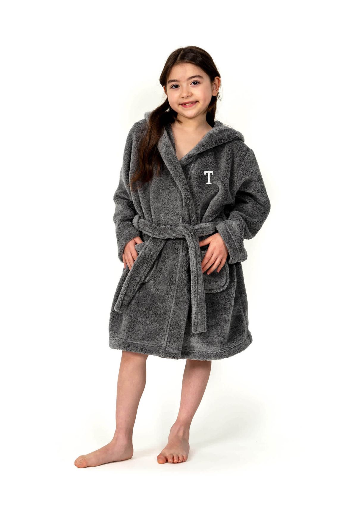 Girls 5-12 Grey Personalized Hooded Bathrobe