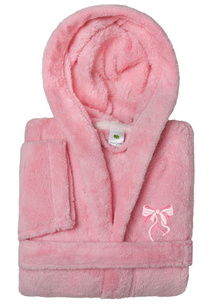 Girls 5-12 Hooded Bathrobe Embroidered with Pink Bow Design