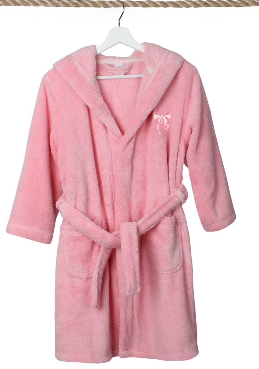 Girls 5-12 Hooded Bathrobe Embroidered with Pink Bow Design