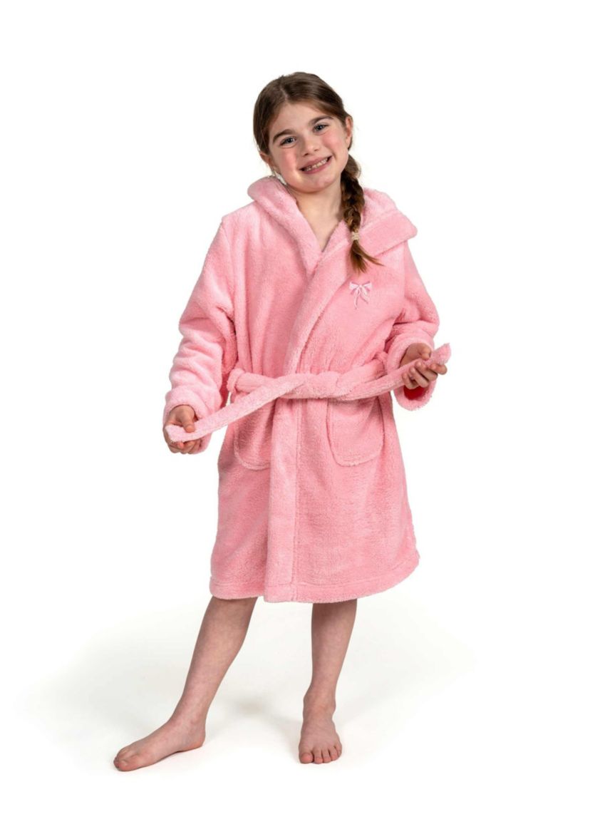 Girls 5-12 Hooded Bathrobe Embroidered with Pink Bow Design