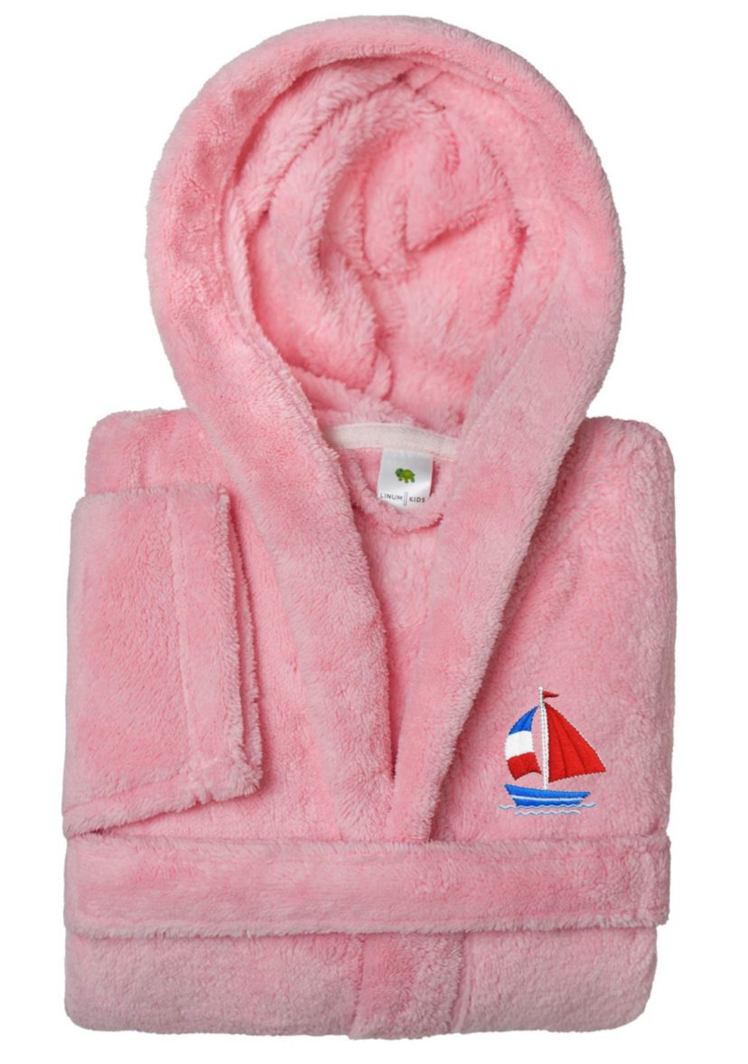 Girls 5-12 Hooded Bathrobe Embroidered with Boat Design