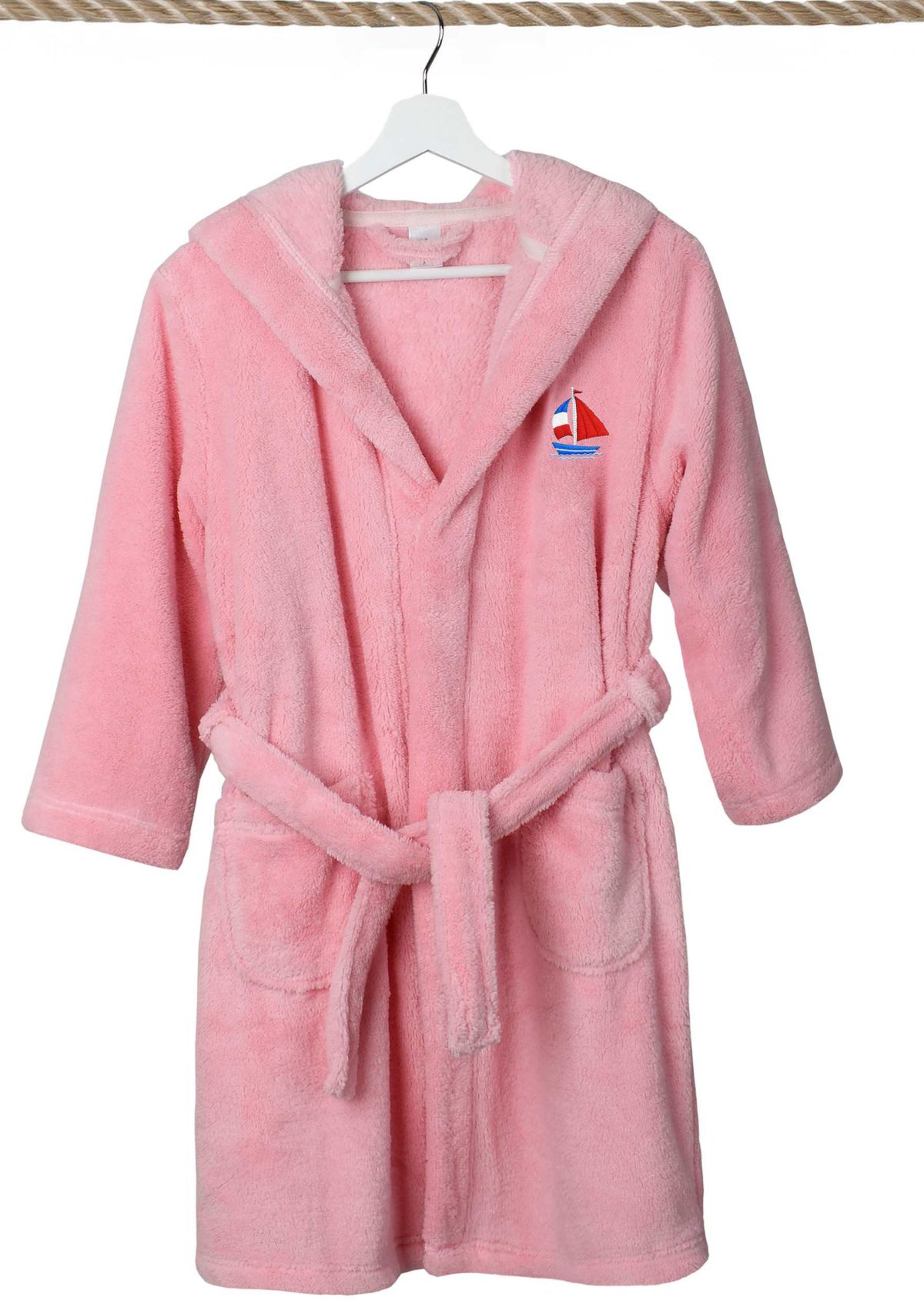 Girls 5-12 Hooded Bathrobe Embroidered with Boat Design