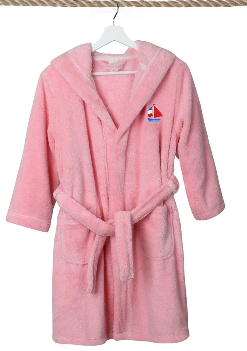 Girls 5-12 Hooded Bathrobe Embroidered with Boat Design