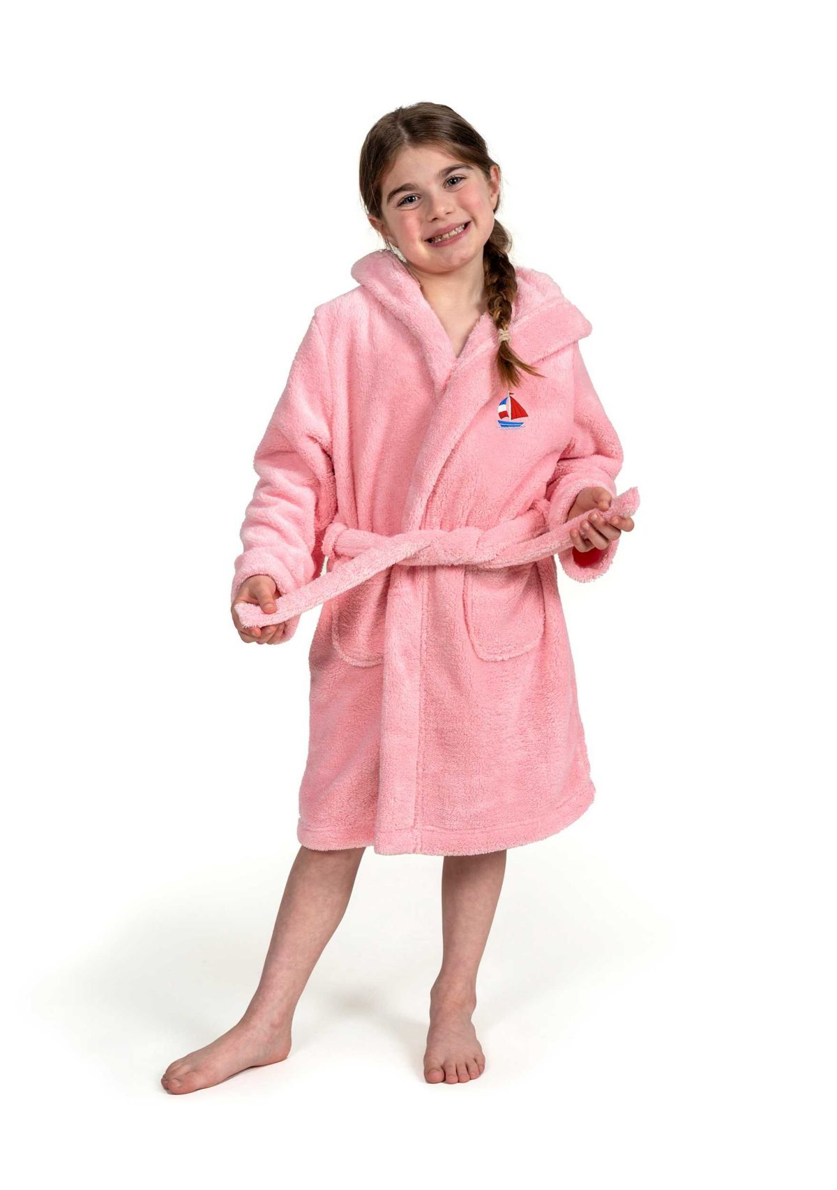 Girls 5-12 Hooded Bathrobe Embroidered with Boat Design