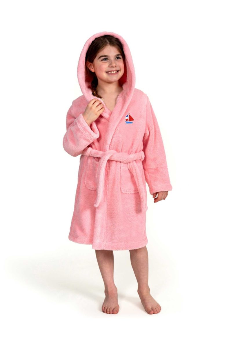 Girls 5-12 Hooded Bathrobe Embroidered with Boat Design
