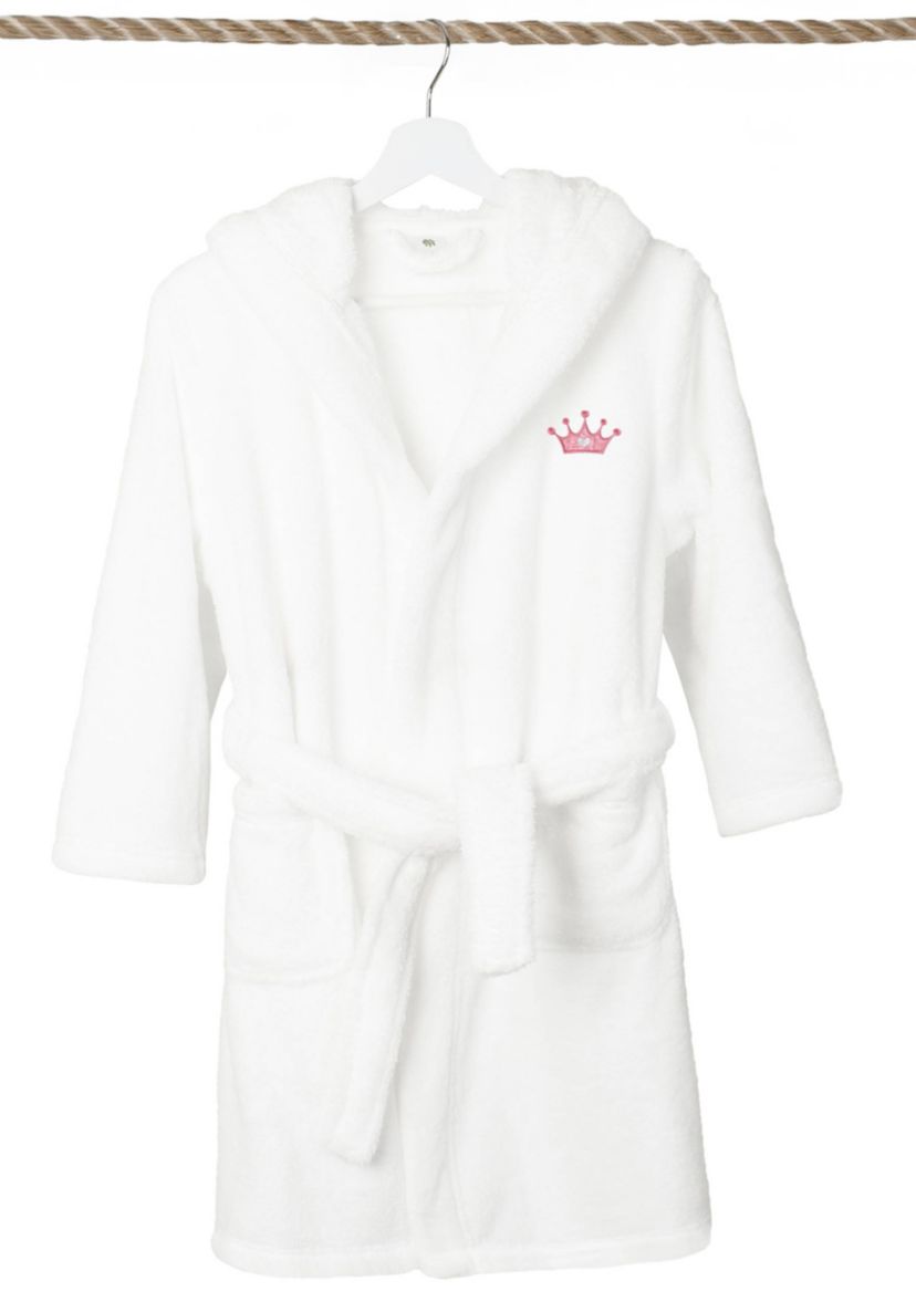 Girls 5-12 Hooded Bathrobe Embroidered with Pink Crown Design