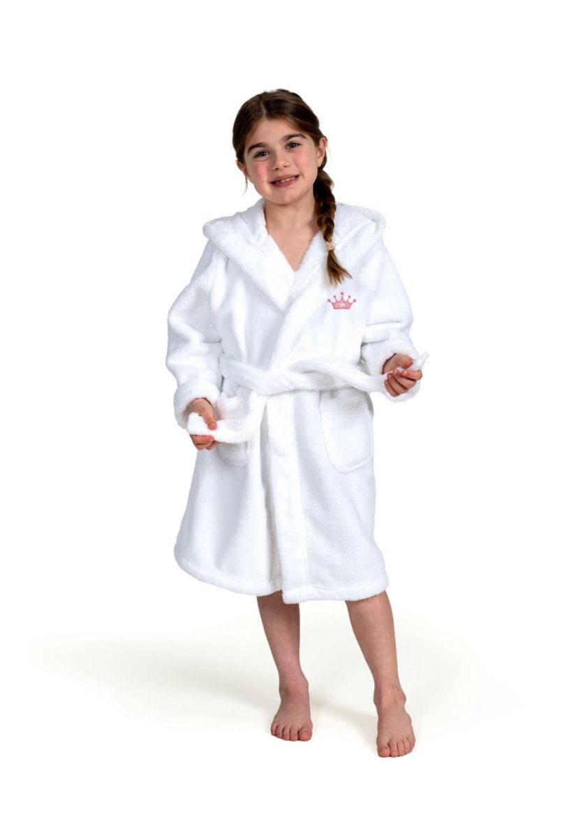 Girls 5-12 Hooded Bathrobe Embroidered with Pink Crown Design