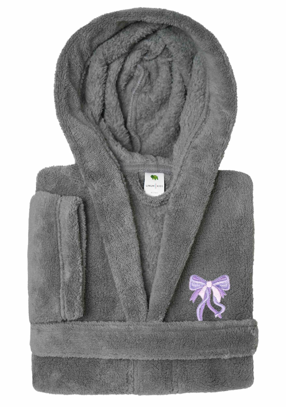 Girls 5-12 Hooded Bathrobe Embroidered with Purple Bow Design
