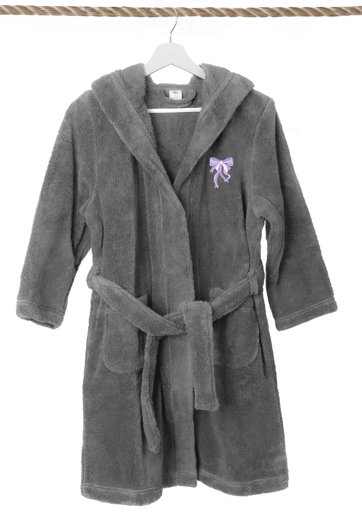 Girls 5-12 Hooded Bathrobe Embroidered with Purple Bow Design