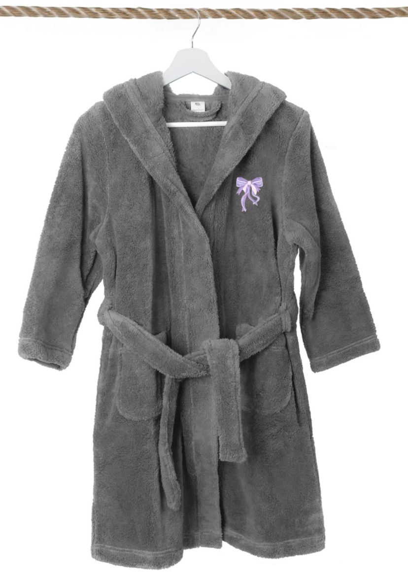 Girls 5-12 Hooded Bathrobe Embroidered with Purple Bow Design
