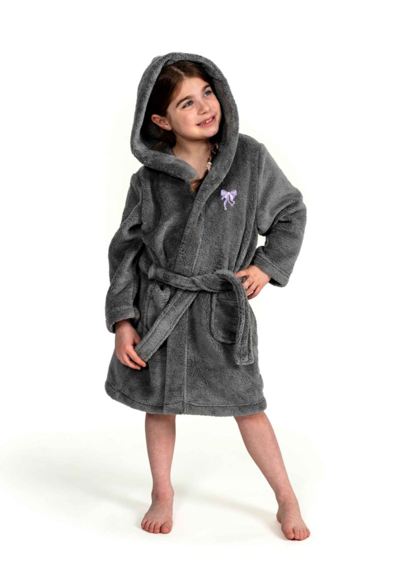 Girls 5-12 Hooded Bathrobe Embroidered with Purple Bow Design