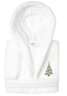 Linum Home Textiles Girls 5-12 Hooded Bathrobe Embroidered with Christmas Tree Design, White, Small