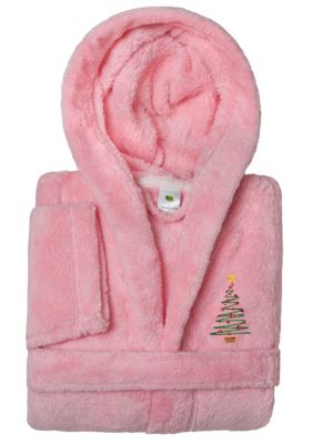 Linum Home Textiles Girls 5-12 Hooded Bathrobe Embroidered with Christmas Tree Design, Pink, Medium