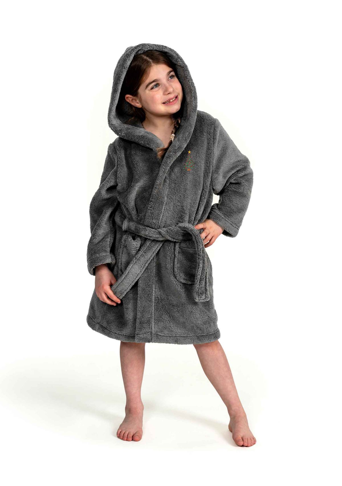 Girls 5-12 Hooded Bathrobe Embroidered with Christmas Tree Design