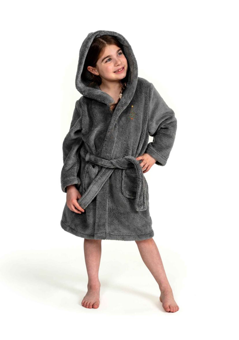 Girls 5-12 Hooded Bathrobe Embroidered with Christmas Tree Design
