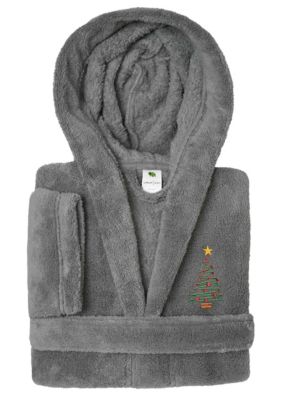 Linum Home Textiles Boys 5-12 Hooded Bathrobe Embroidered with Christmas Tree Design