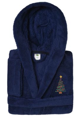 Linum Home Textiles Boys 5-12 Hooded Bathrobe Embroidered with Christmas Tree Design, Navy Blue, Medium