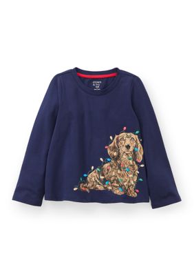 Crown & Ivy Girls 4-6x Christmas Lights Dog Graphic Long Sleeve Shirt