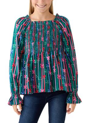 Crown & Ivy Girls 7-16 Long Sleeve Smocked Bow Top