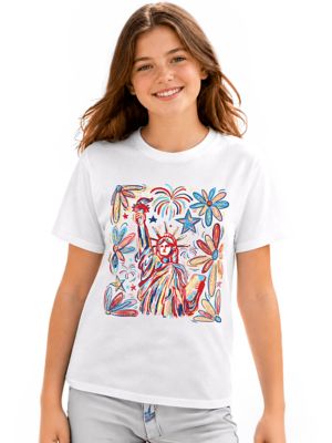 OrnamentallyYou Kids Patriotic Statue of Liberty and Fireworks 4th of July Youth Tee, White, Medium