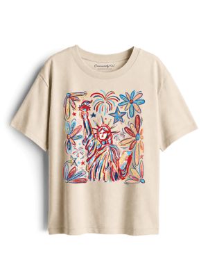 OrnamentallyYou Kids Patriotic Statue of Liberty and Fireworks 4th of July Youth Tee, Sand, XL