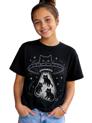 OrnamentallyYou Kids Alien Cat Abduction Funny UFO Space Cats Youth Tee