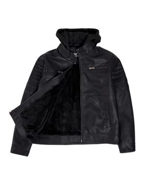 X RAY Boys Grainy PU Leather Hooded Jacket With Faux Shearling Lining