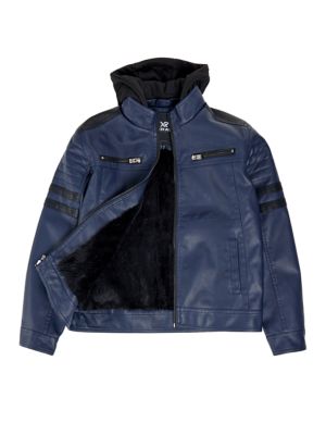 X RAY Boys Grainy PU Leather Hooded Jacket With Faux Shearling Lining, Large