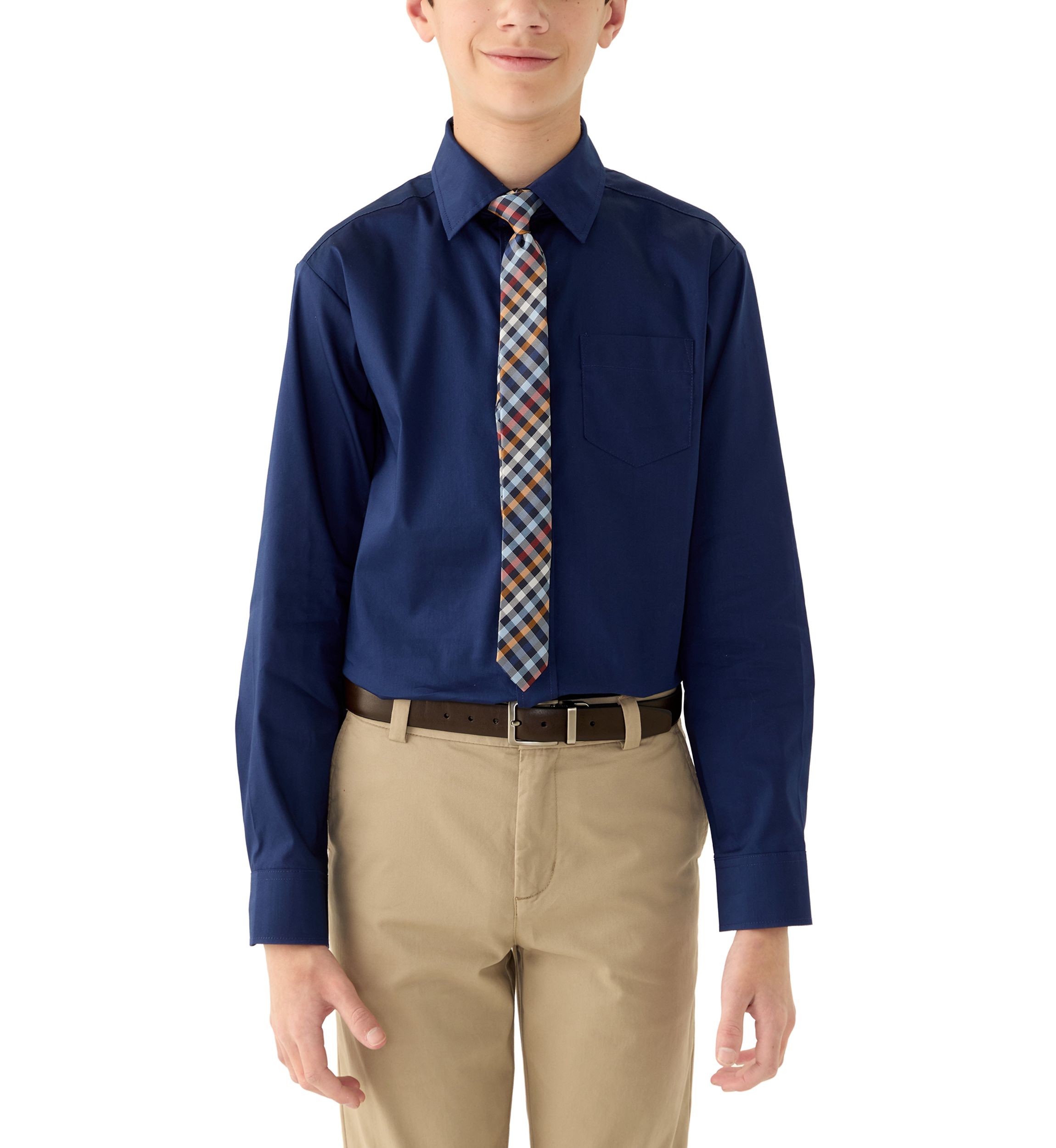 Boys 8-20 Long Sleeve Stretch Solid Poplin Shirt and Tie