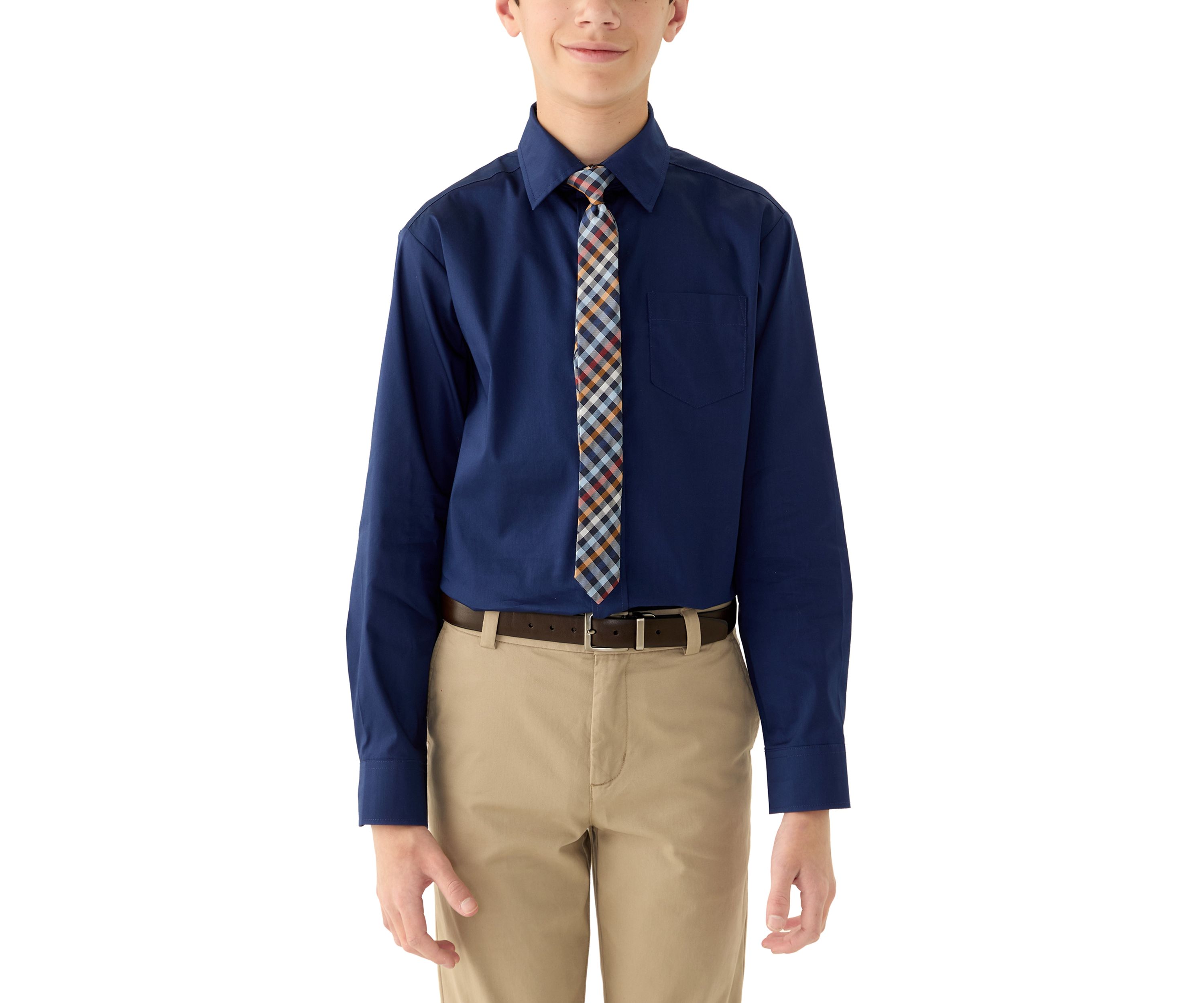 Boys 8-20 Long Sleeve Stretch Solid Poplin Shirt and Tie