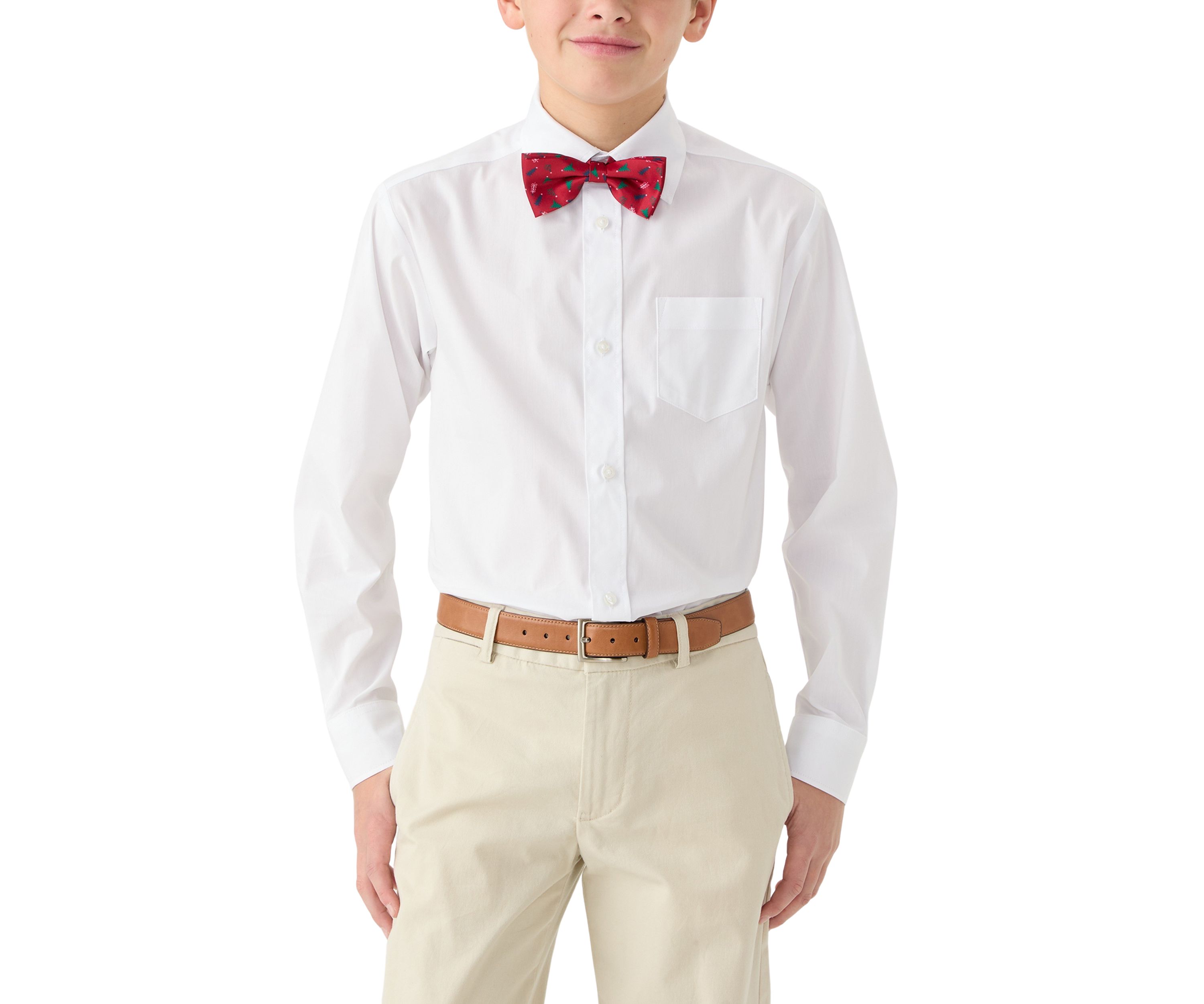 Boys 8-20 Long Sleeve Stretch Solid Poplin Shirt & Bowtie