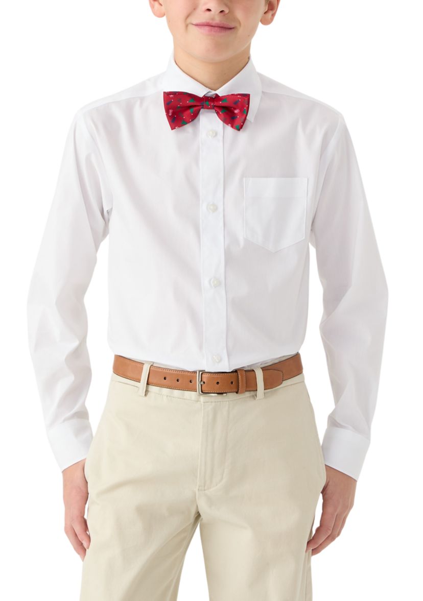 Boys 8-20 Long Sleeve Stretch Solid Poplin Shirt & Bowtie