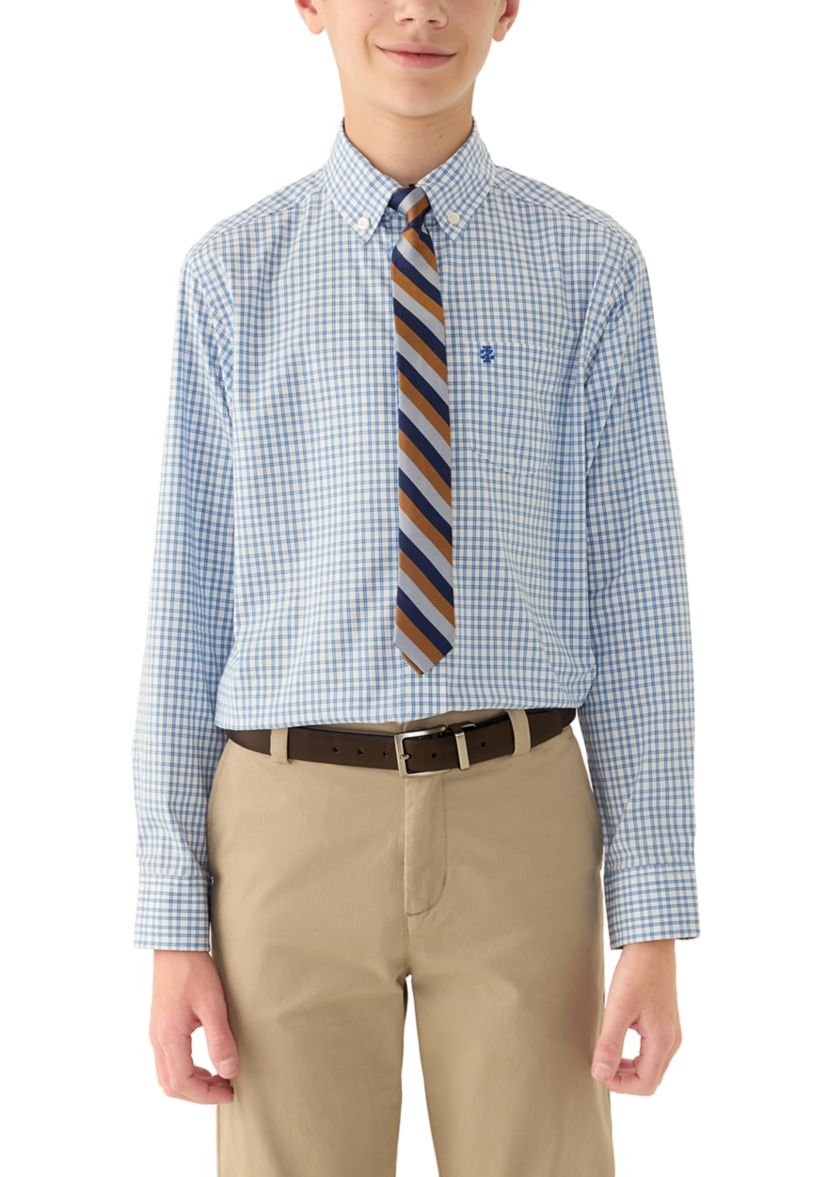 Boys 8-20 Long Sleeve Stretch Stony Hill Plaid Shirt and Tie