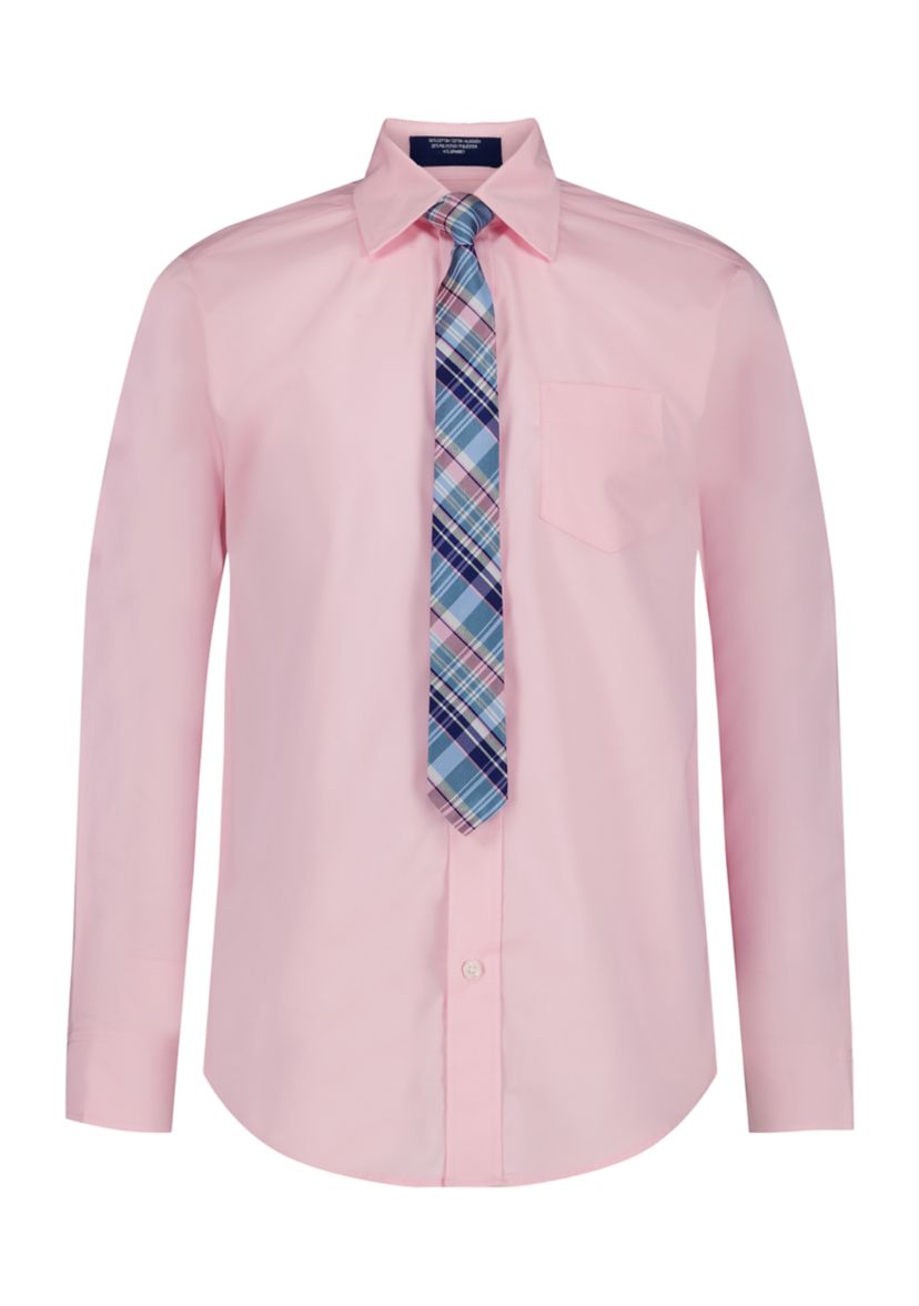 Boys 8-20 Long Sleeve Stretch Solid Poplin Shirt & Tie
