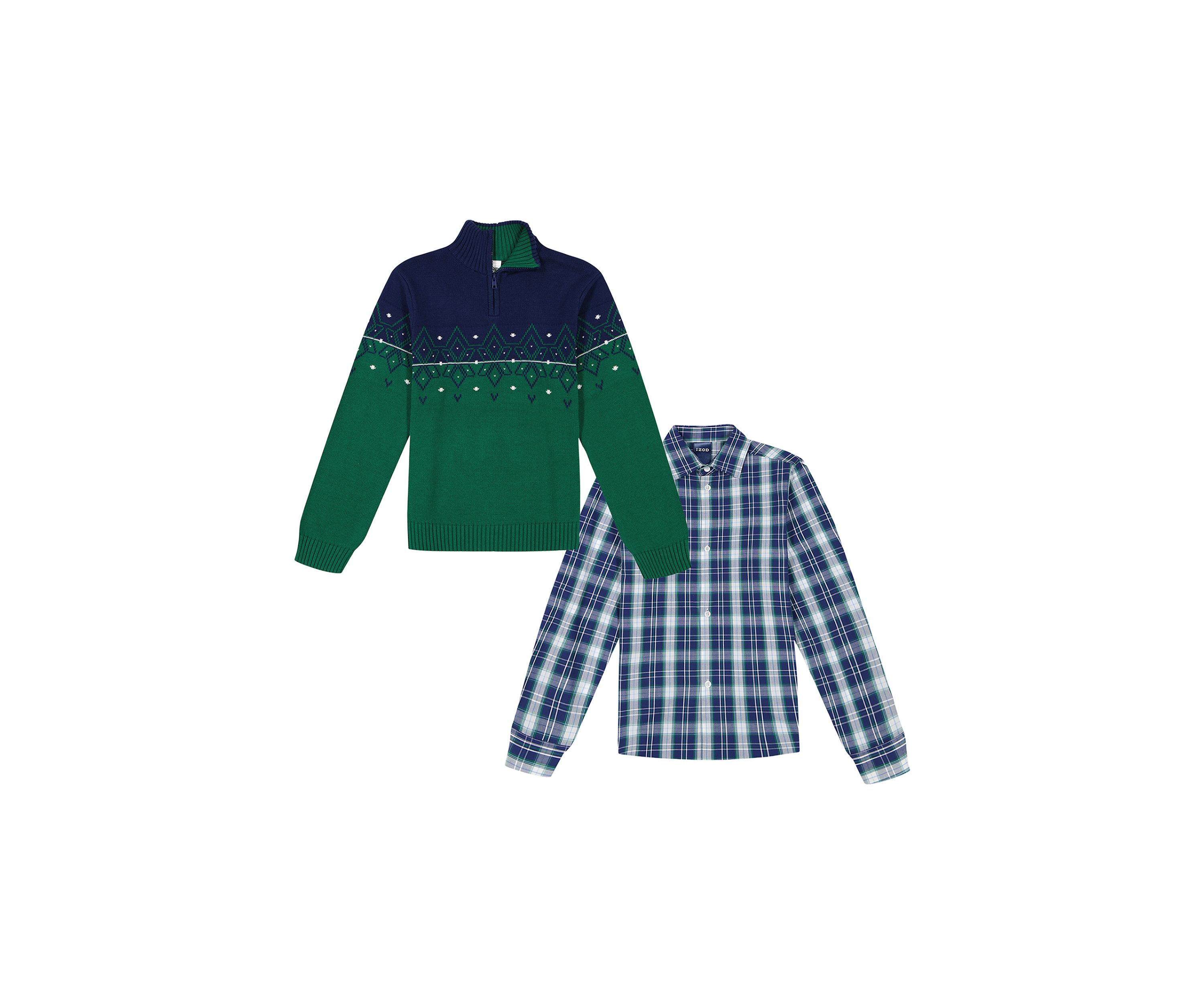 Boys 8-20 Winter Fairisle ¼ Zip Sweater and Plaid Shirt Set