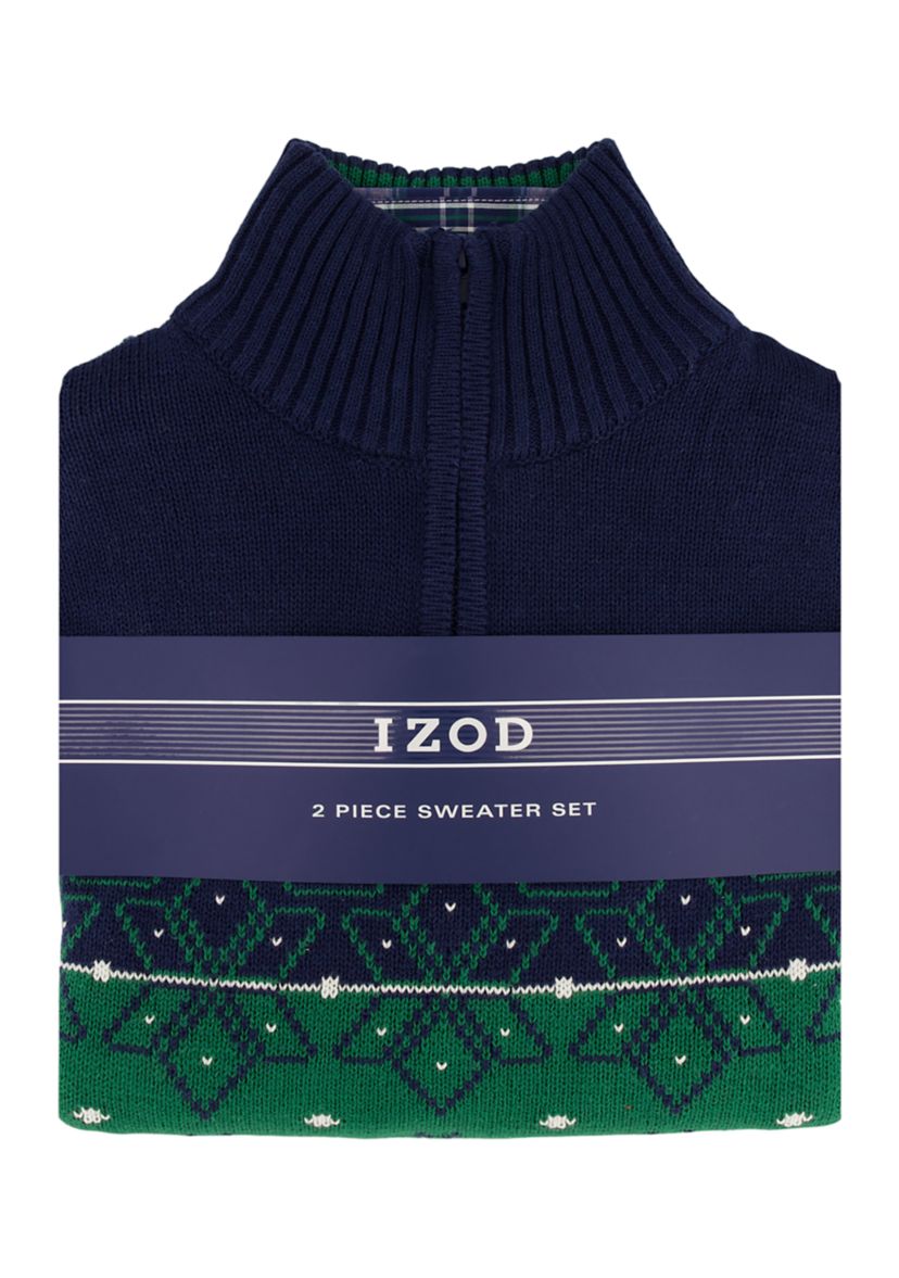 Boys 8-20 Winter Fairisle ¼ Zip Sweater and Plaid Shirt Set