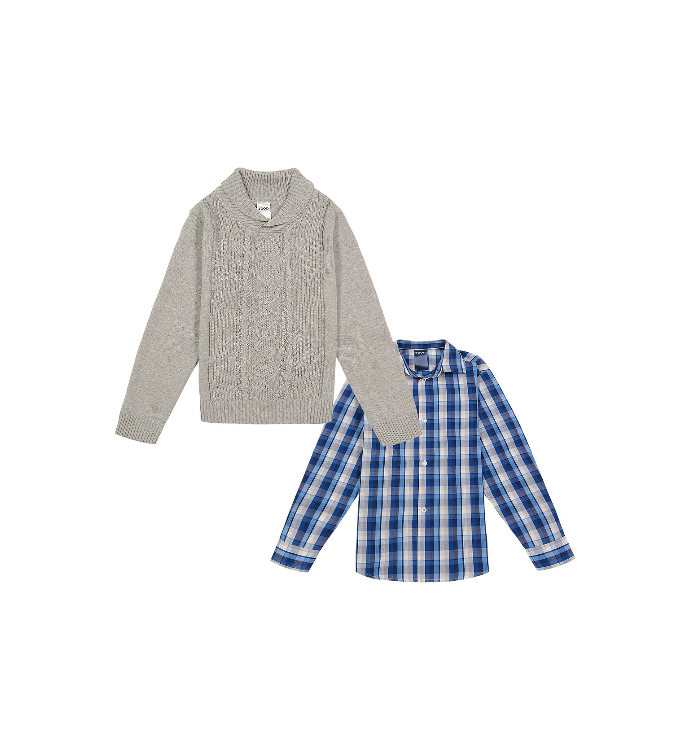 Boys 8-20 Cable Shawl Sweater with Plaid Button Shirt 