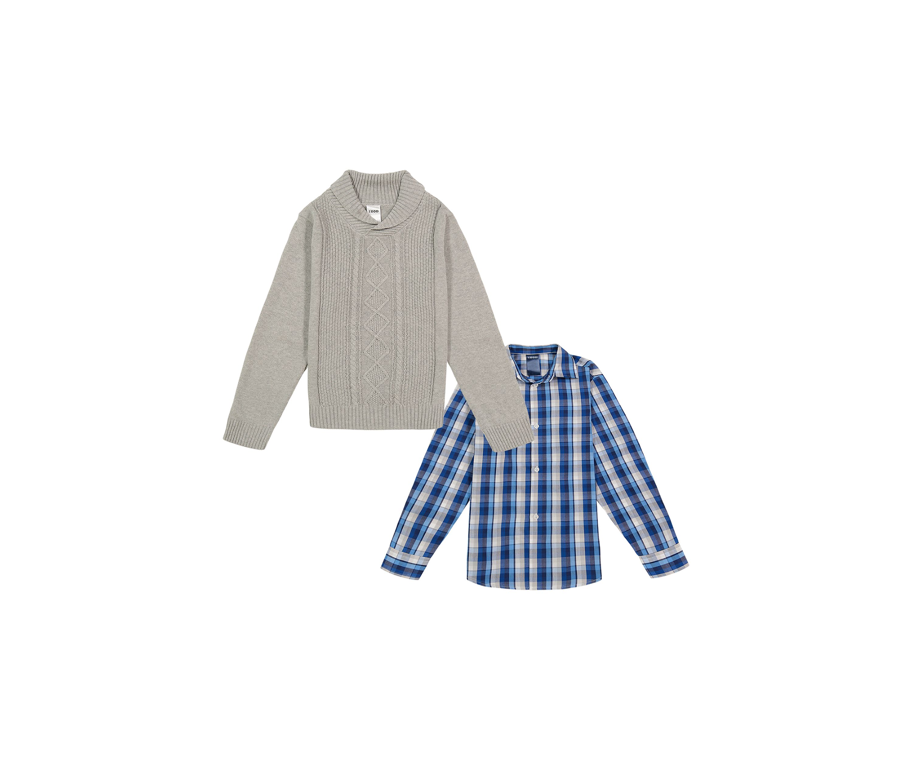 Boys 8-20 Cable Shawl Sweater with Plaid Button Shirt 