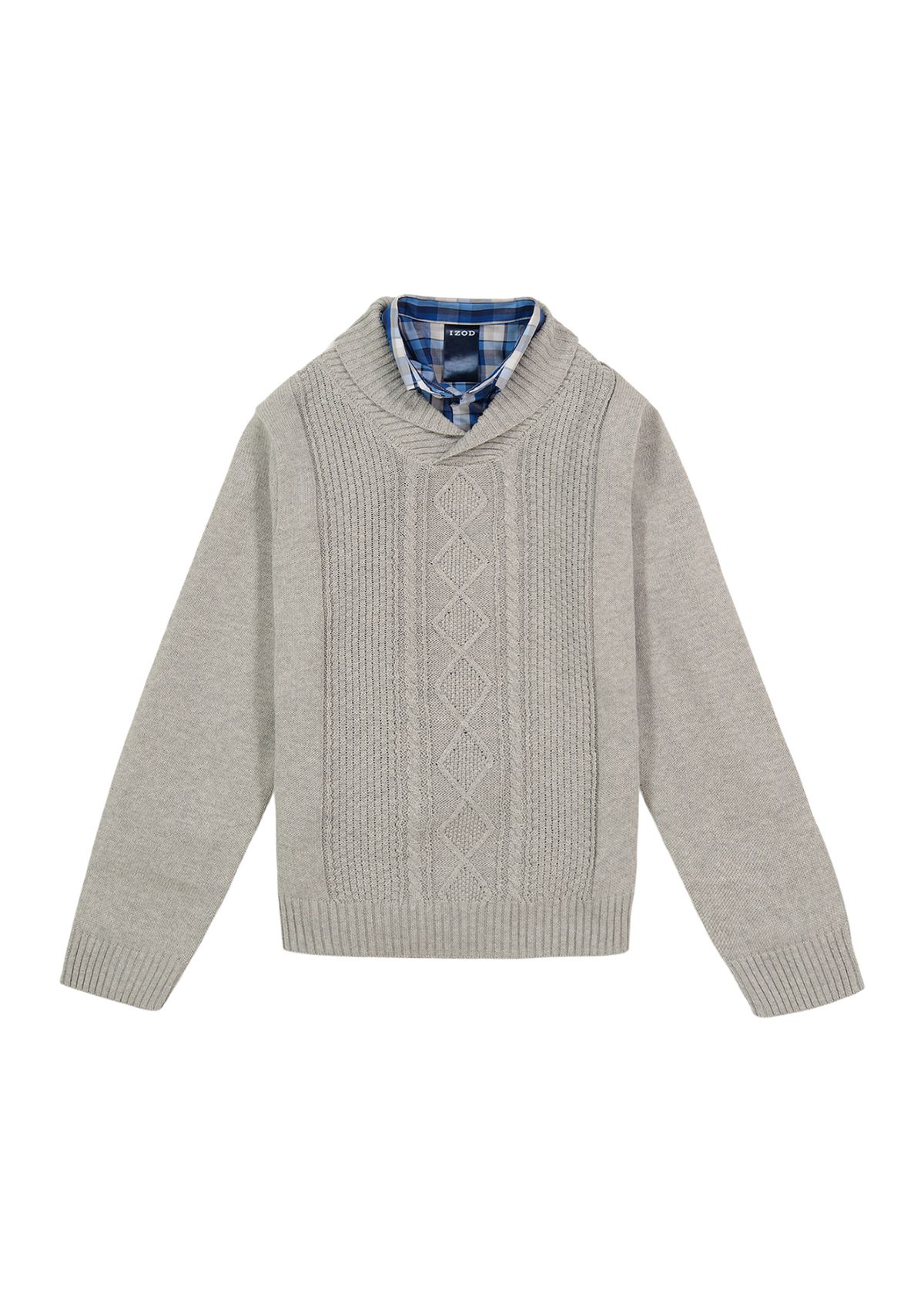 Boys 8-20 Cable Shawl Sweater with Plaid Button Shirt 