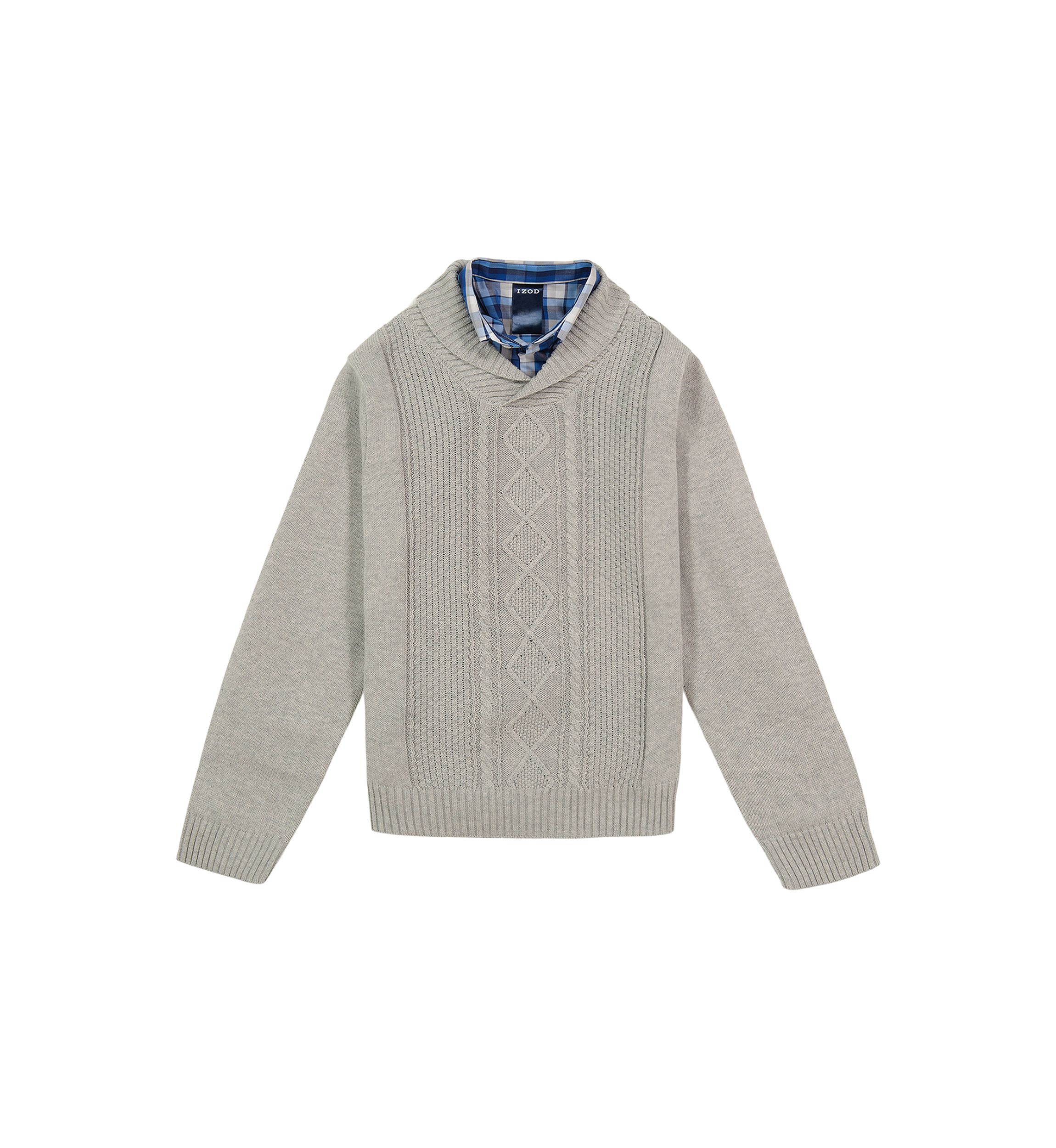 Boys 8-20 Cable Shawl Sweater with Plaid Button Shirt 