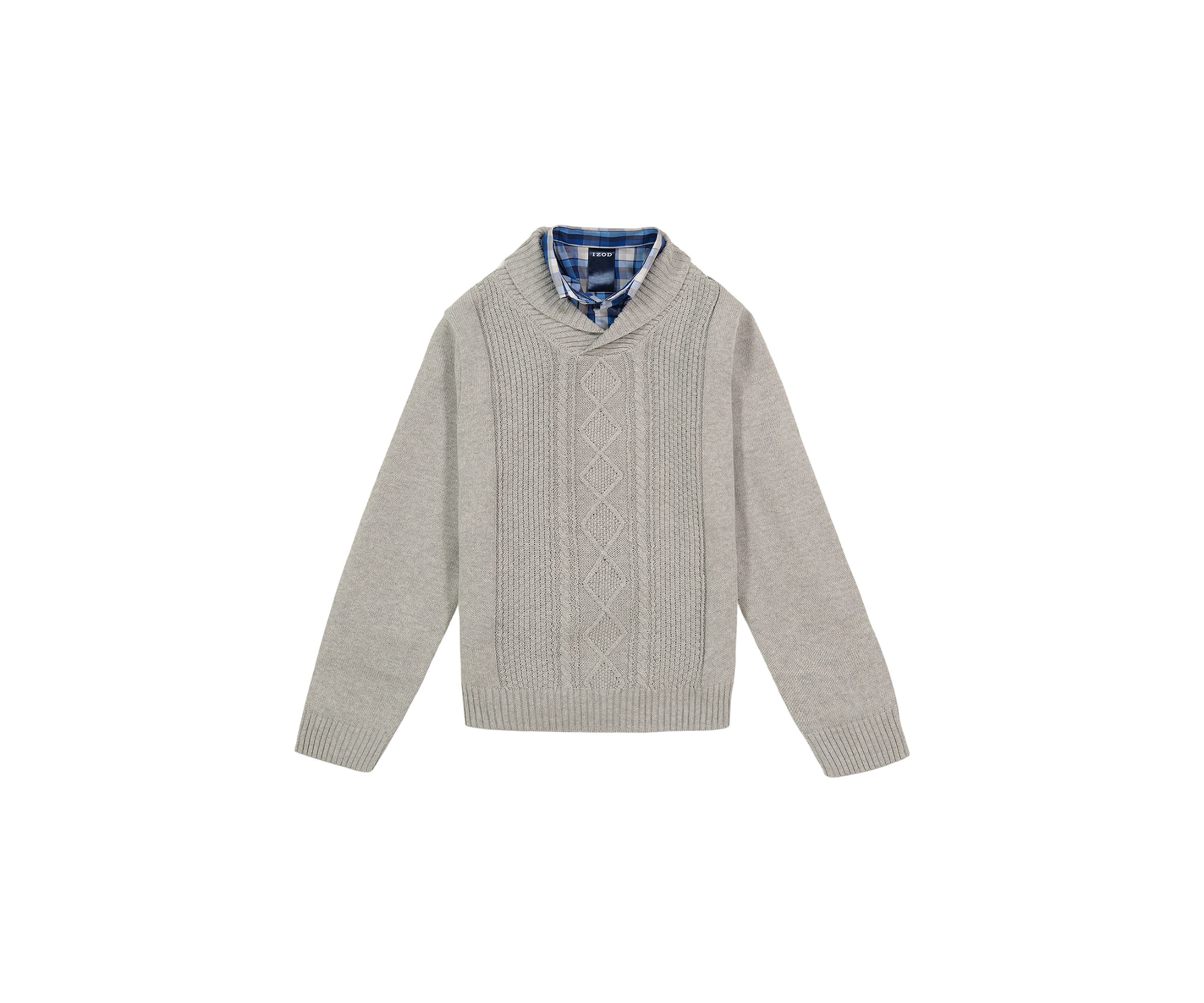 Boys 8-20 Cable Shawl Sweater with Plaid Button Shirt 