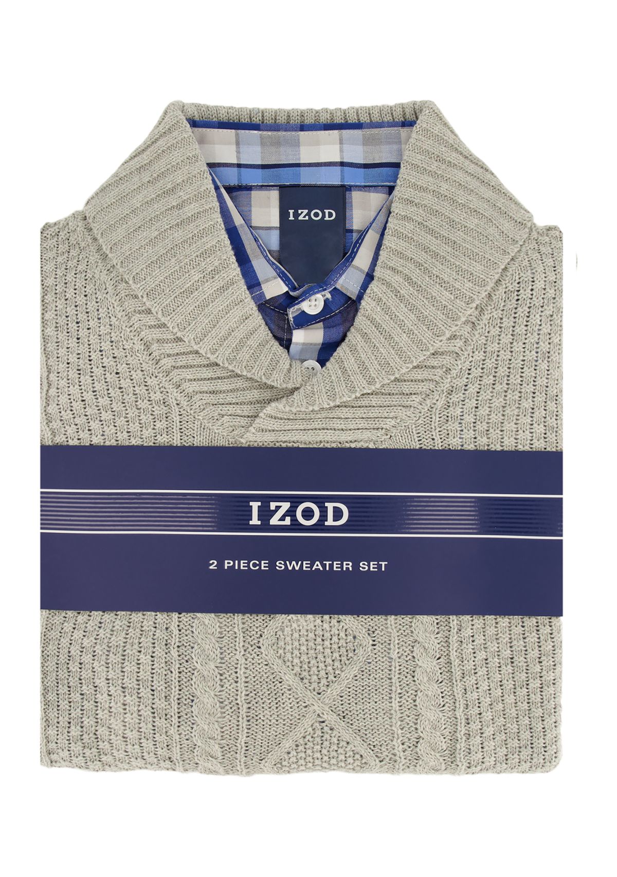 Boys 8-20 Cable Shawl Sweater with Plaid Button Shirt 