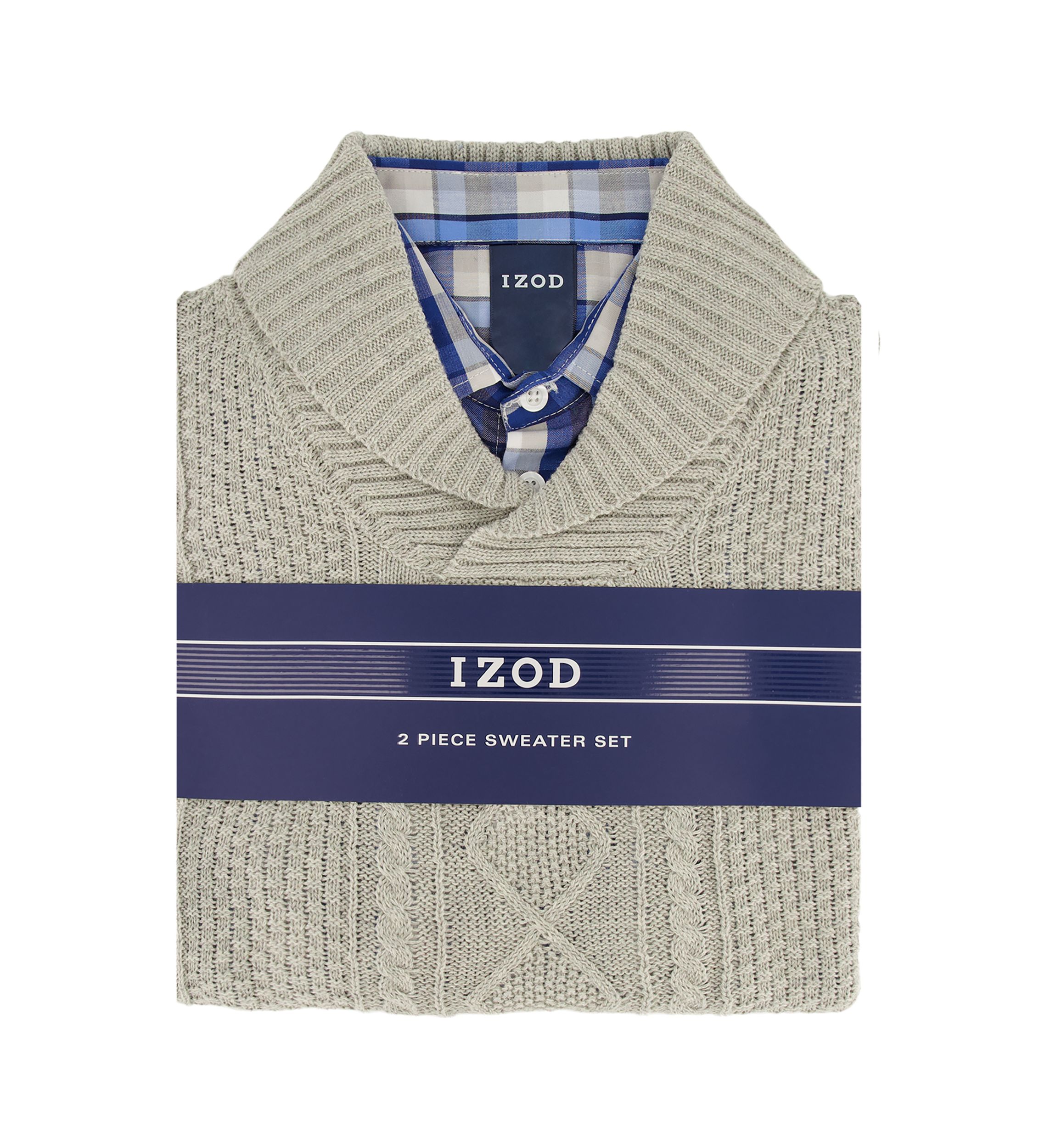 Boys 8-20 Cable Shawl Sweater with Plaid Button Shirt 
