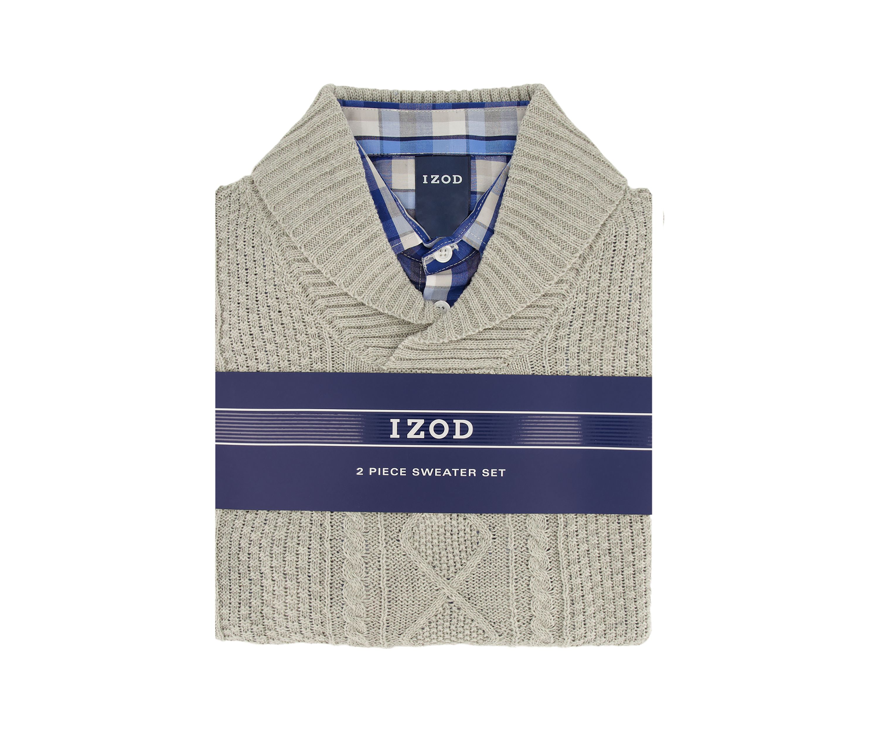 Boys 8-20 Cable Shawl Sweater with Plaid Button Shirt 